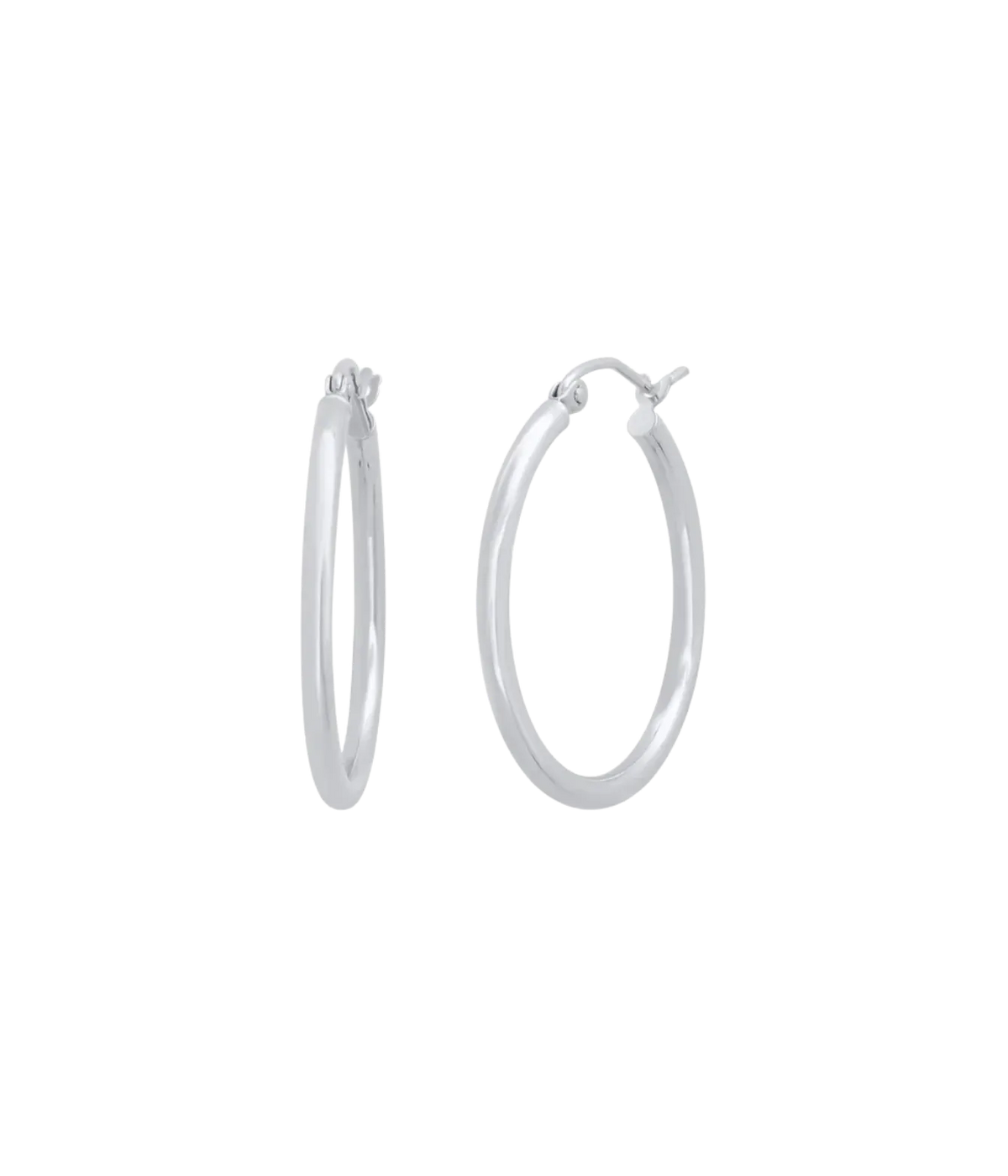 Pair of Shylee Rose 1" Skinny Hoops in White Gold, one hoop front-facing and one angled side-on, showing the slim polished band