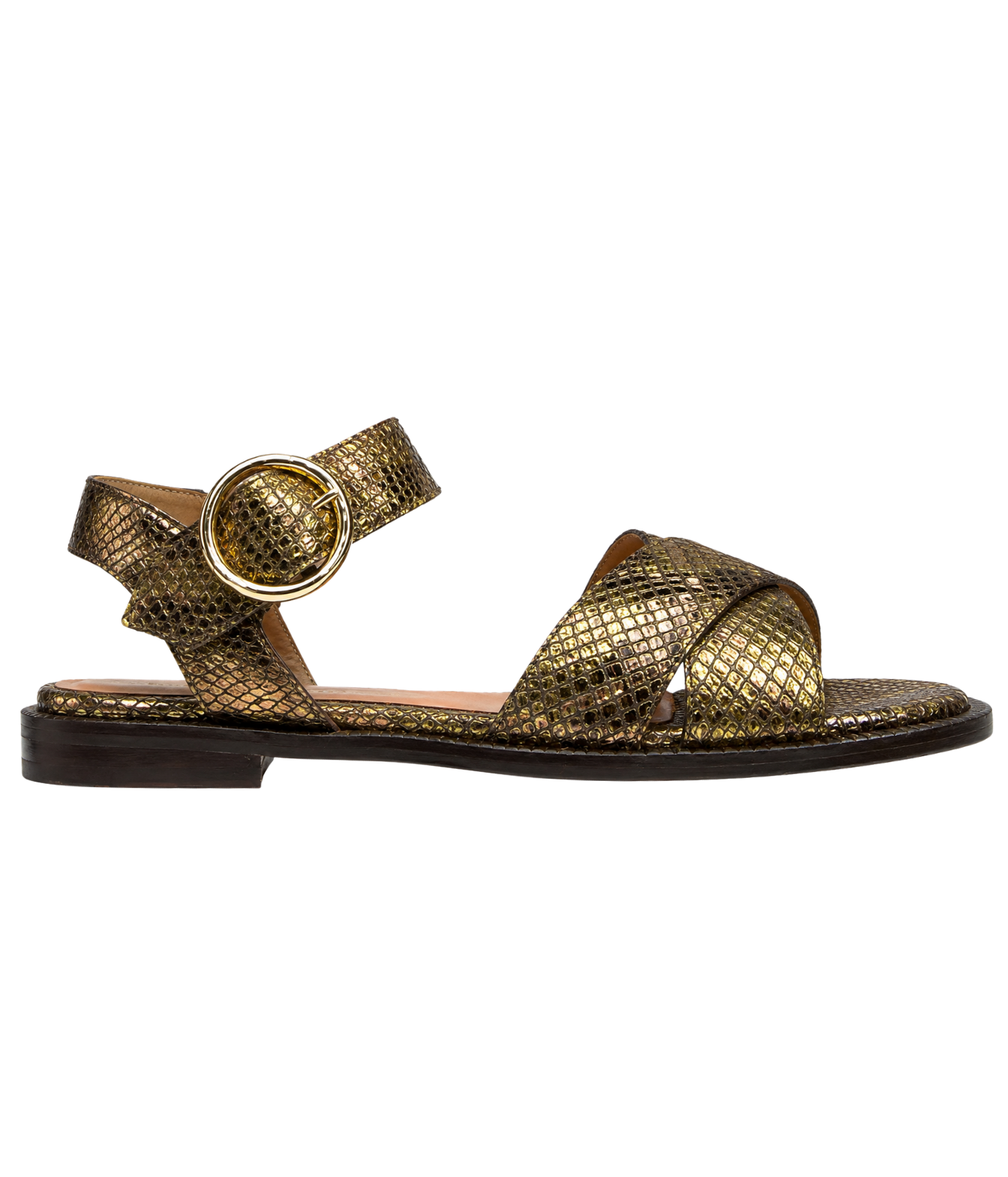 Anthology Paris Reims Sandal in Zadar Z4030 - gold python look flat sandal with cross over toe strap and large buckle around ankle back strap