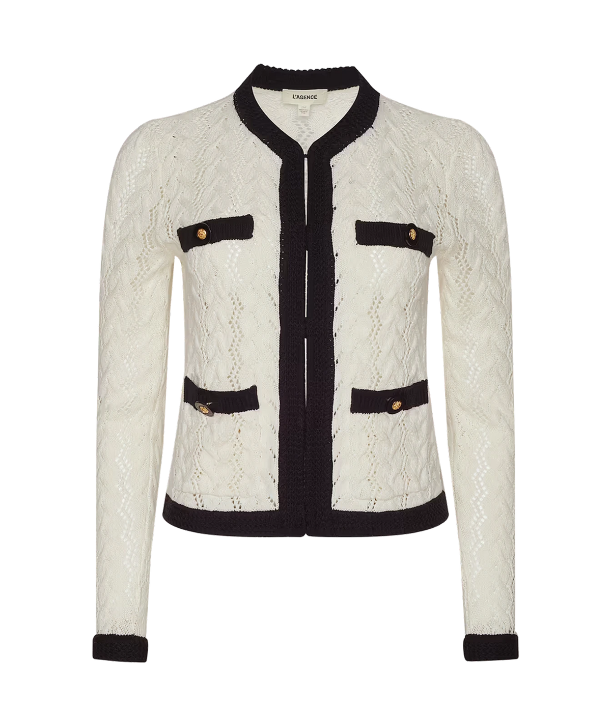 The L'AGENCE Zephyra Pointelle Knit Cardigan in Ivory & Black, featuring a round collar, and two faux pockets with gold-tone buttons, shown against a plain white background.