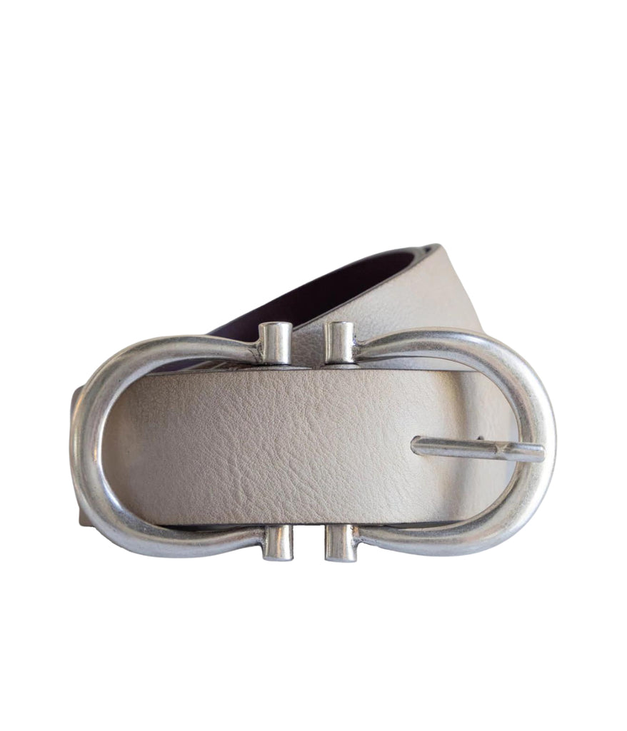 womens designer leather belt featuring a double horsehoe buckle