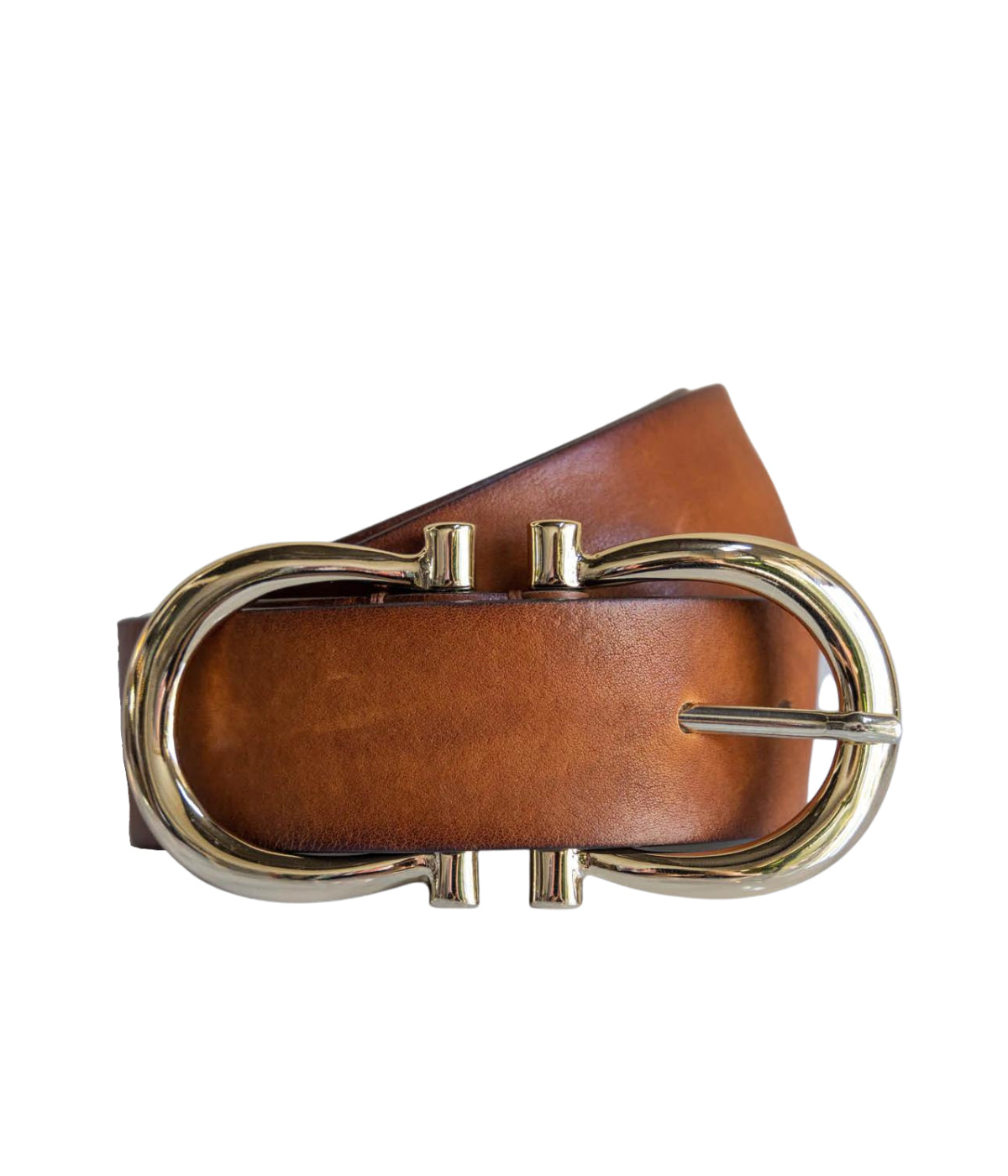 womens designer leather belt featuring a double horsehoe buckle