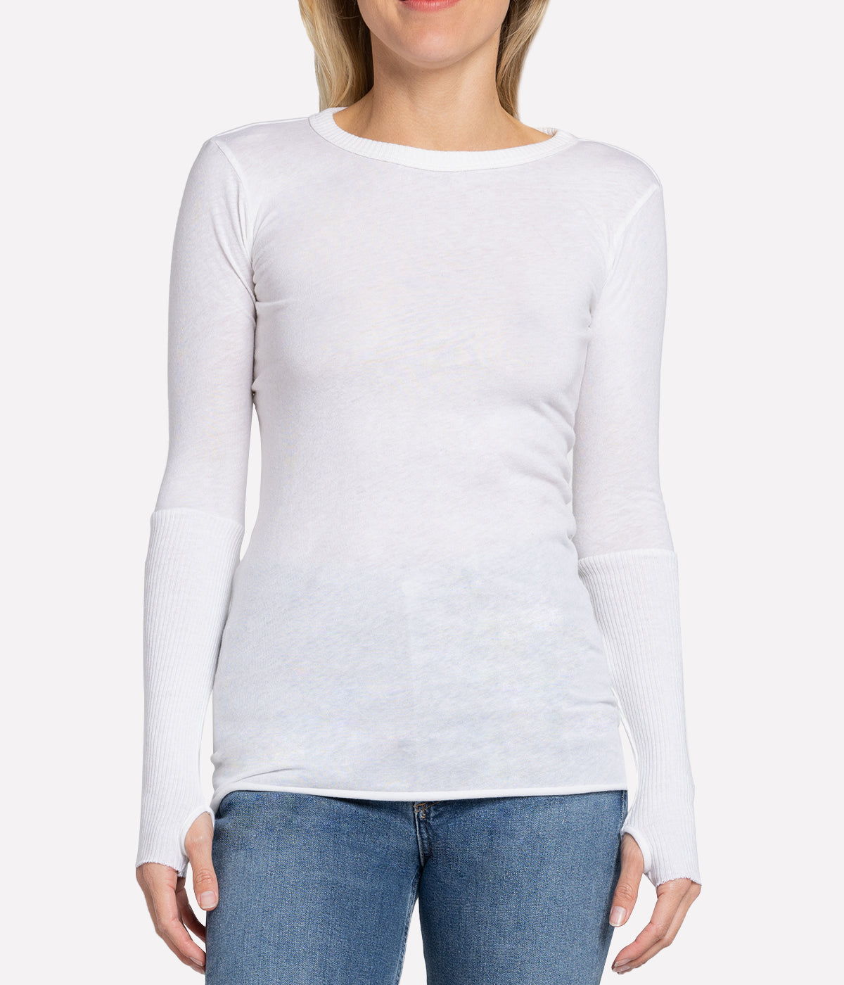 Cashmere Crew Neck Fitted Long Sleeve Top in White