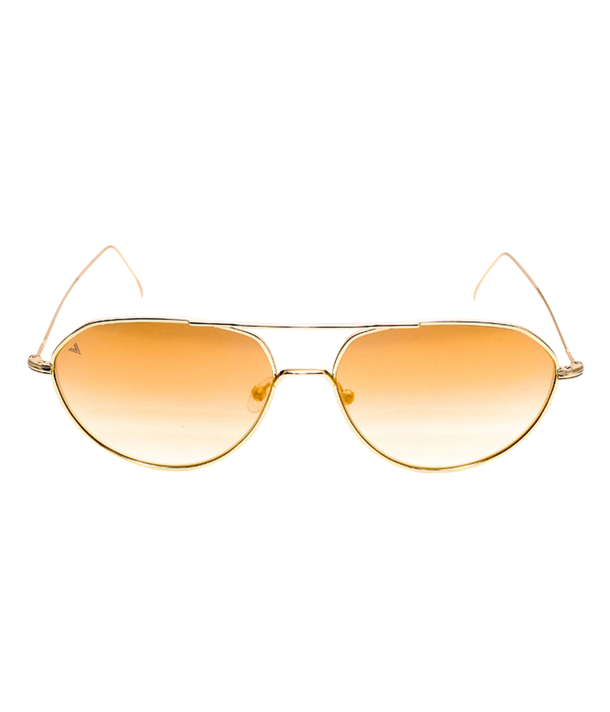 Image of a double bridge modern aviator shape, with gold thin metal frame and orange gradient lenses. 