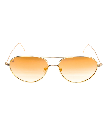 Image of a double bridge modern aviator shape, with gold thin metal frame and orange gradient lenses. 