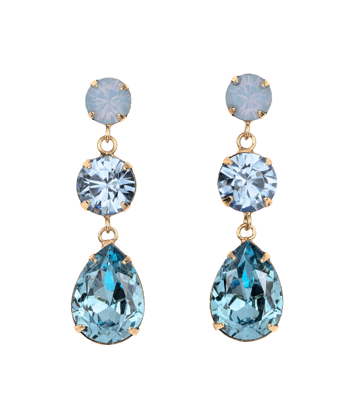 Image of  drop earrings featuring a teardrop crystal alongside round crystals in varying sizes in varying blue shades with gold hardware.