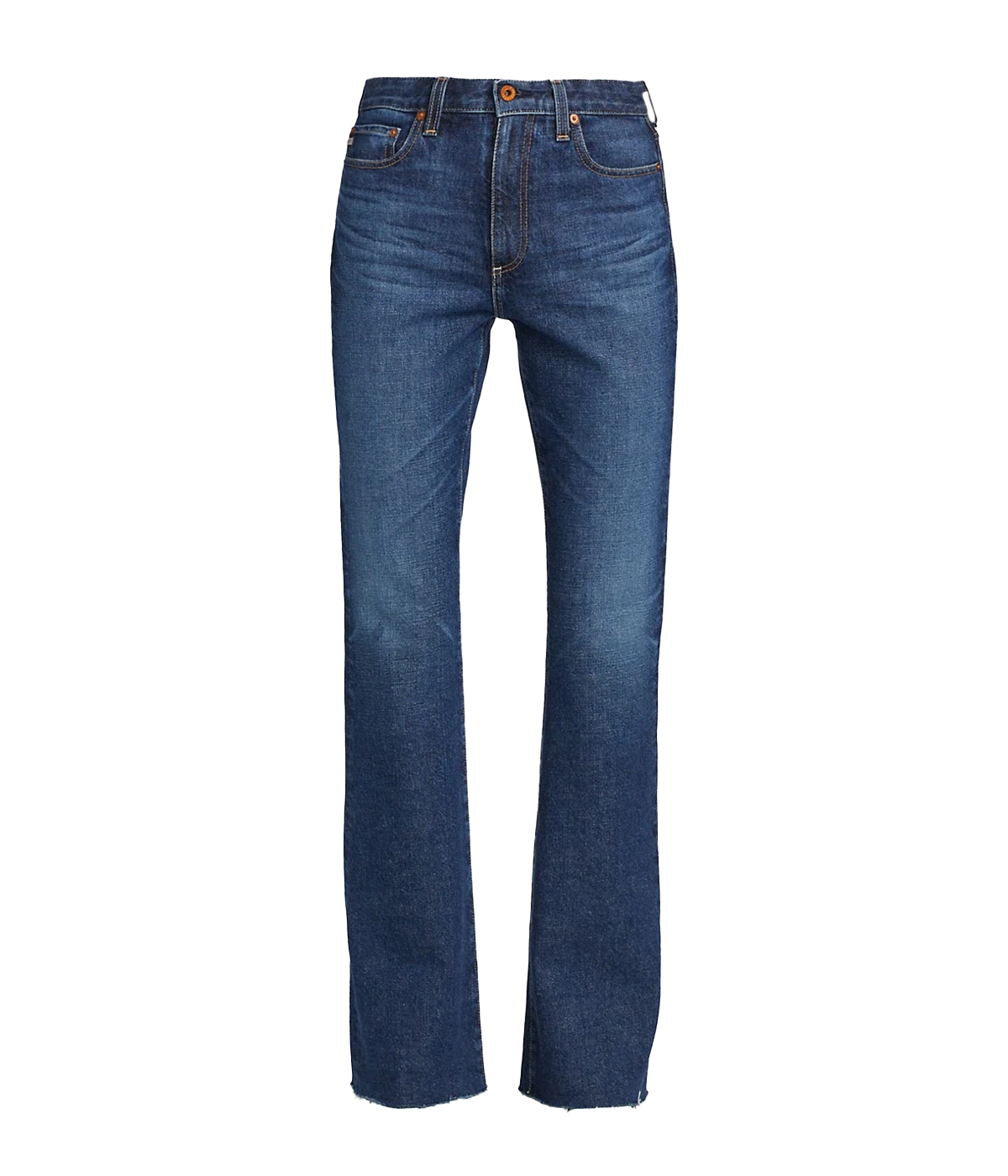 Image of a dark wash straight full length jean, with gold hardware, lived in wash, button and fly fastening and raw hem detail.  