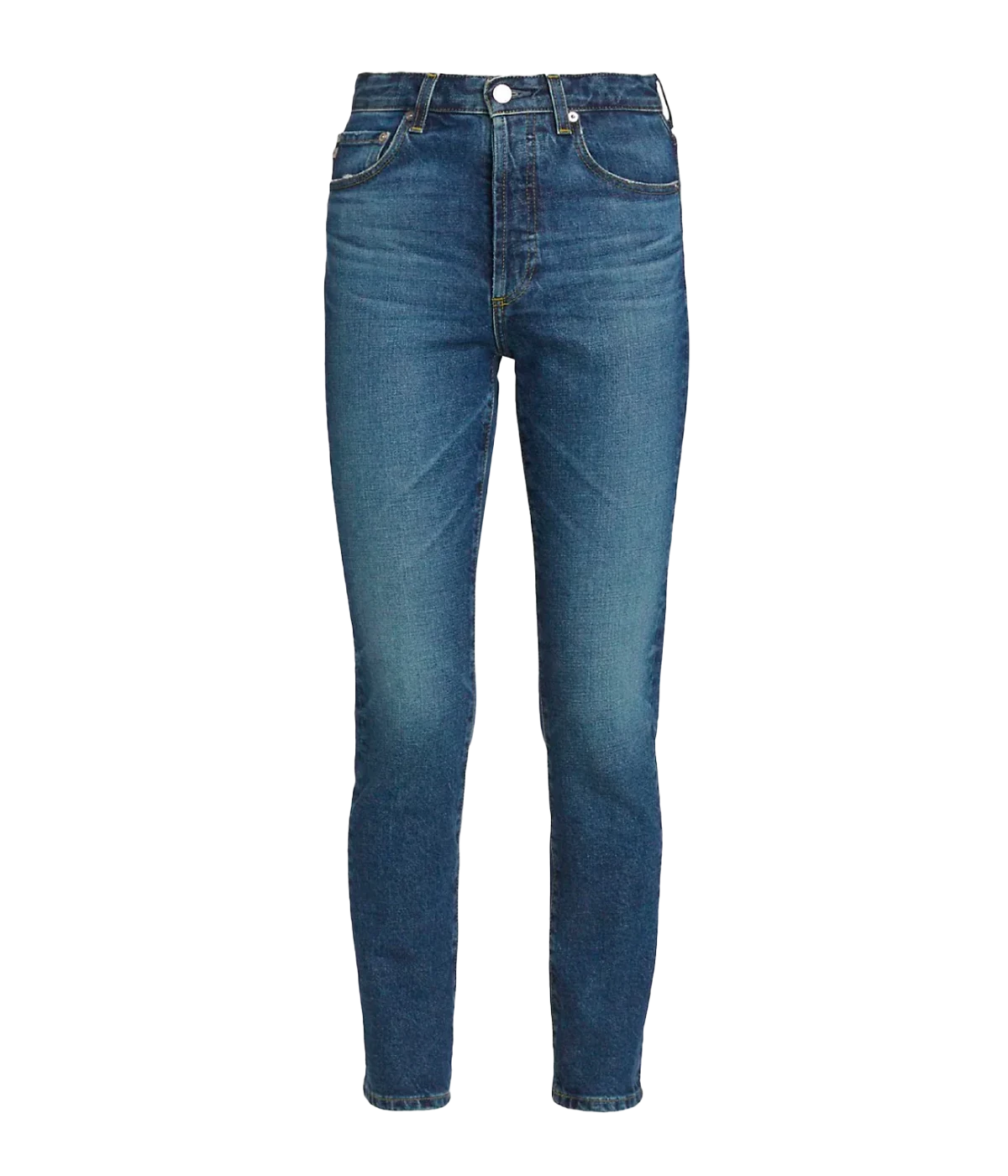 Image of a mid wash skinny jean, with silver hardware, belt loop holes, button and fly fastening and washed vintage look,  