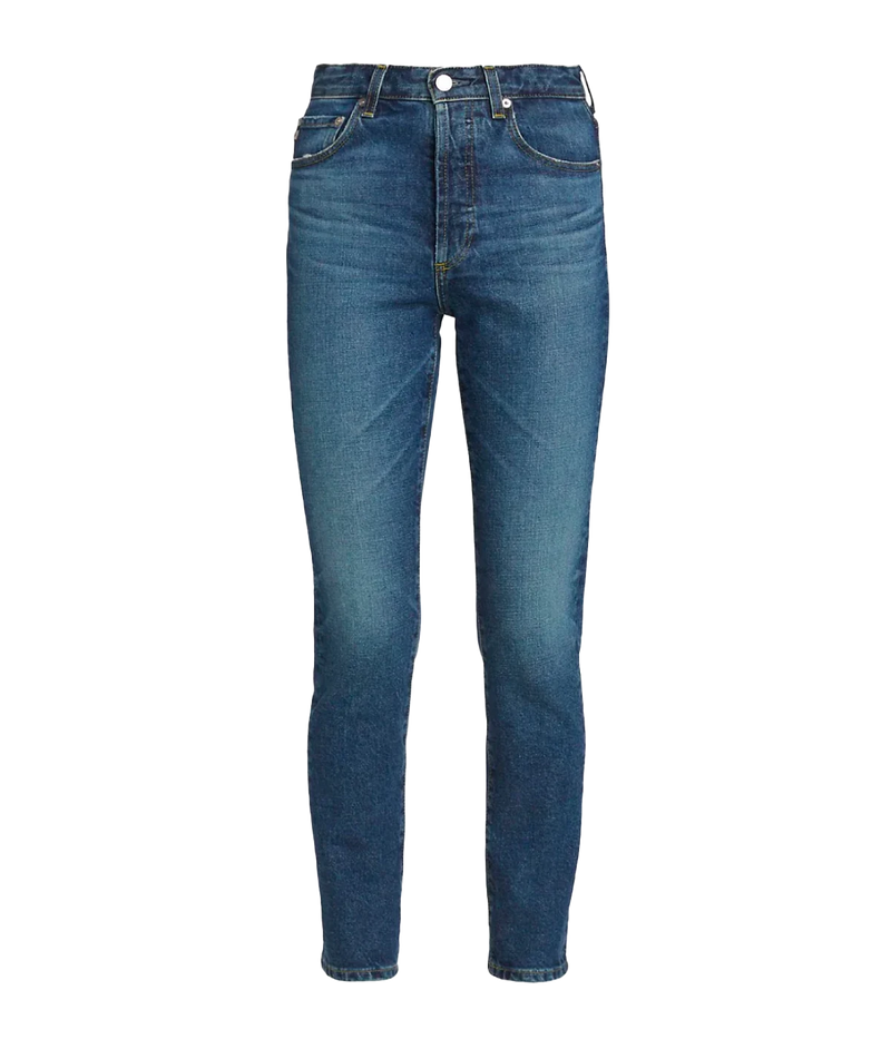 Image of a mid wash skinny jean, with silver hardware, belt loop holes, button and fly fastening and washed vintage look,  