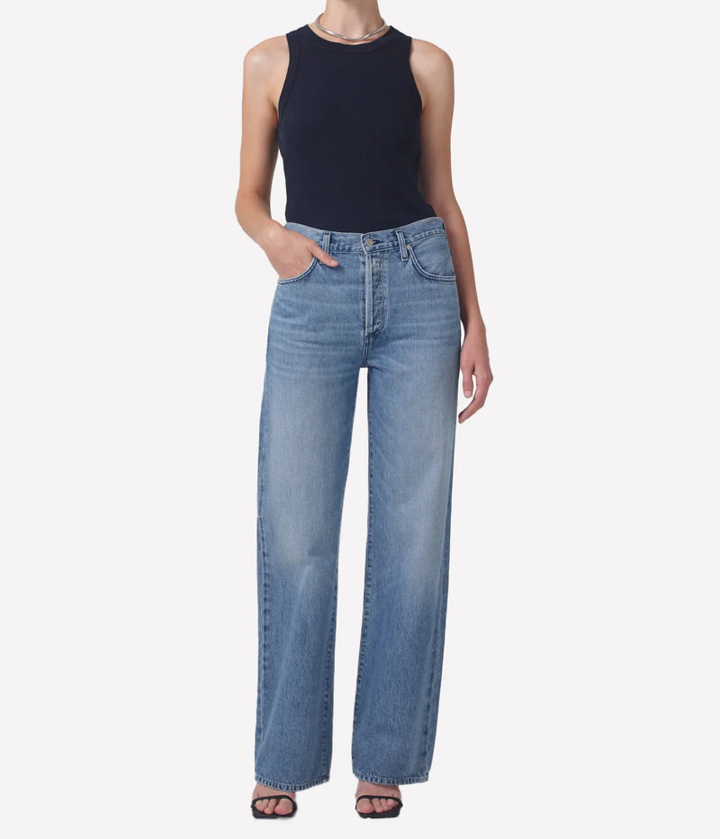 Citizens of Humanity Annina Trouser Jean in Light Catcher – full-length front view on model showcasing high-rise waist and ultra-relaxed wide-leg silhouette in lightweight organic cotton denim.