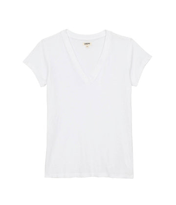 A classic basic white cotton t-shirt, with a v neckline, short sleeve and relaxed fit. Back to basics, everyday tee, stretchy cotton, throw on and go, 100% cotton, bra friendly, made in usa. 