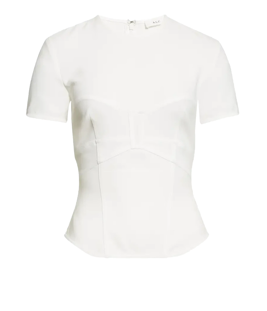 Image of a short sleeve corset inspired white top, with boning structure and zip up functionality. 