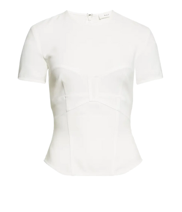 Image of a short sleeve corset inspired white top, with boning structure and zip up functionality. 
