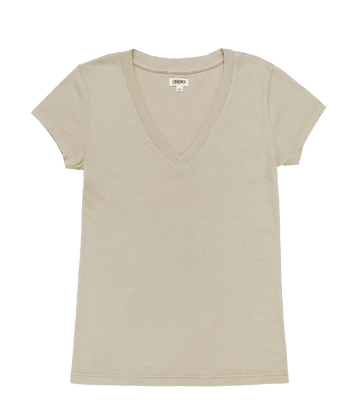 A classic basic neutral cotton t-shirt, with a V neckline, short sleeve and relaxed fit. Back to basics, everyday tee, stretchy cotton, throw on and go, 100% cotton, bra friendly, made in usa. 