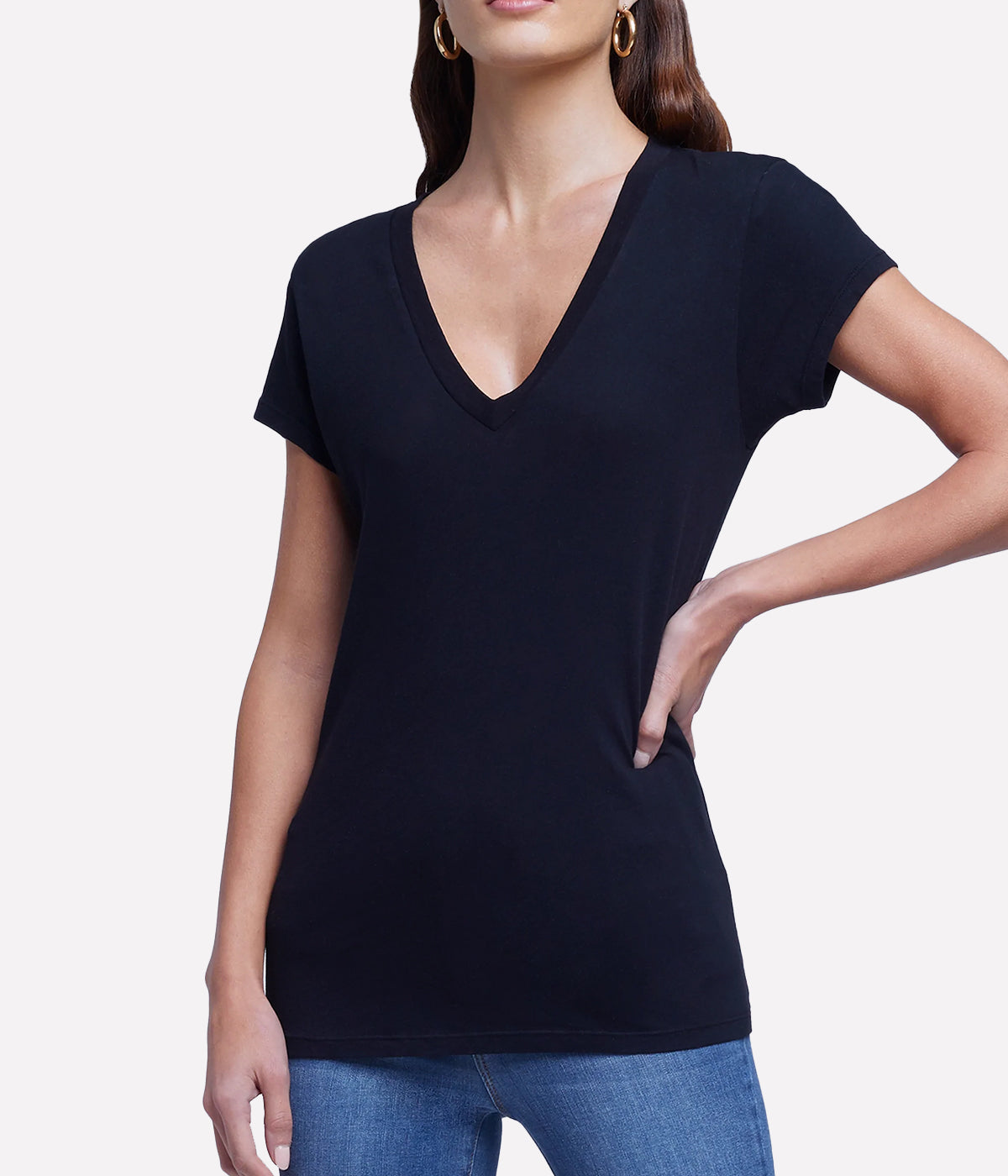 Becca Short Sleeve V Neck Tee in Black