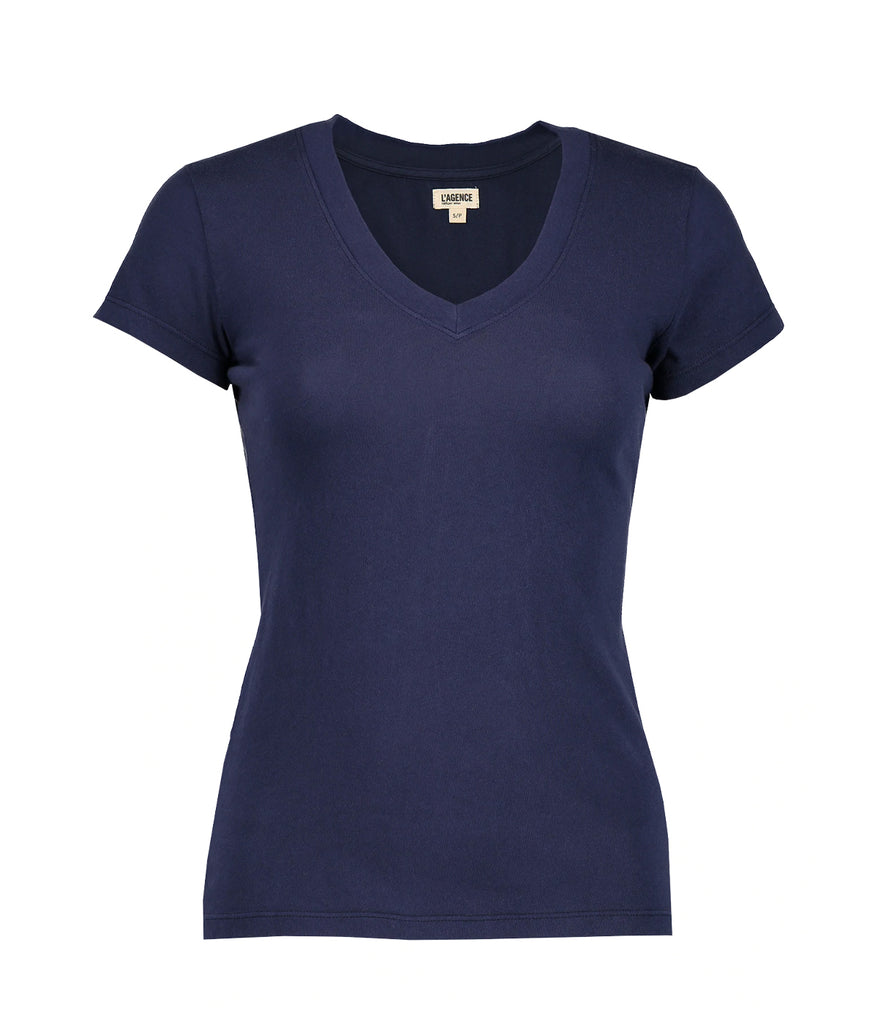 Image of a classic basic navy cotton t-shirt, with a v neckline, short sleeve and relaxed fit. Back to basics, everyday tee, cotton, throw on and go, 100% cotton, bra friendly, made in usa. 