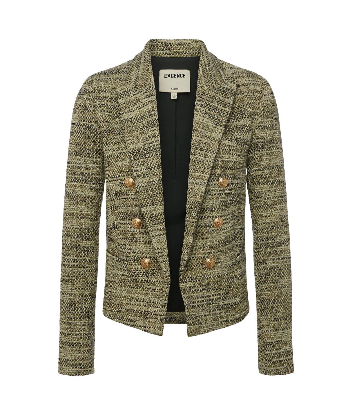 An olive green mal tweed blazer, with gold hardware, cropped cut, sophisticated shoulder pads and lapels. Work wear, everyday classic, trendy, fashion forward, transition piece, Made in California. 