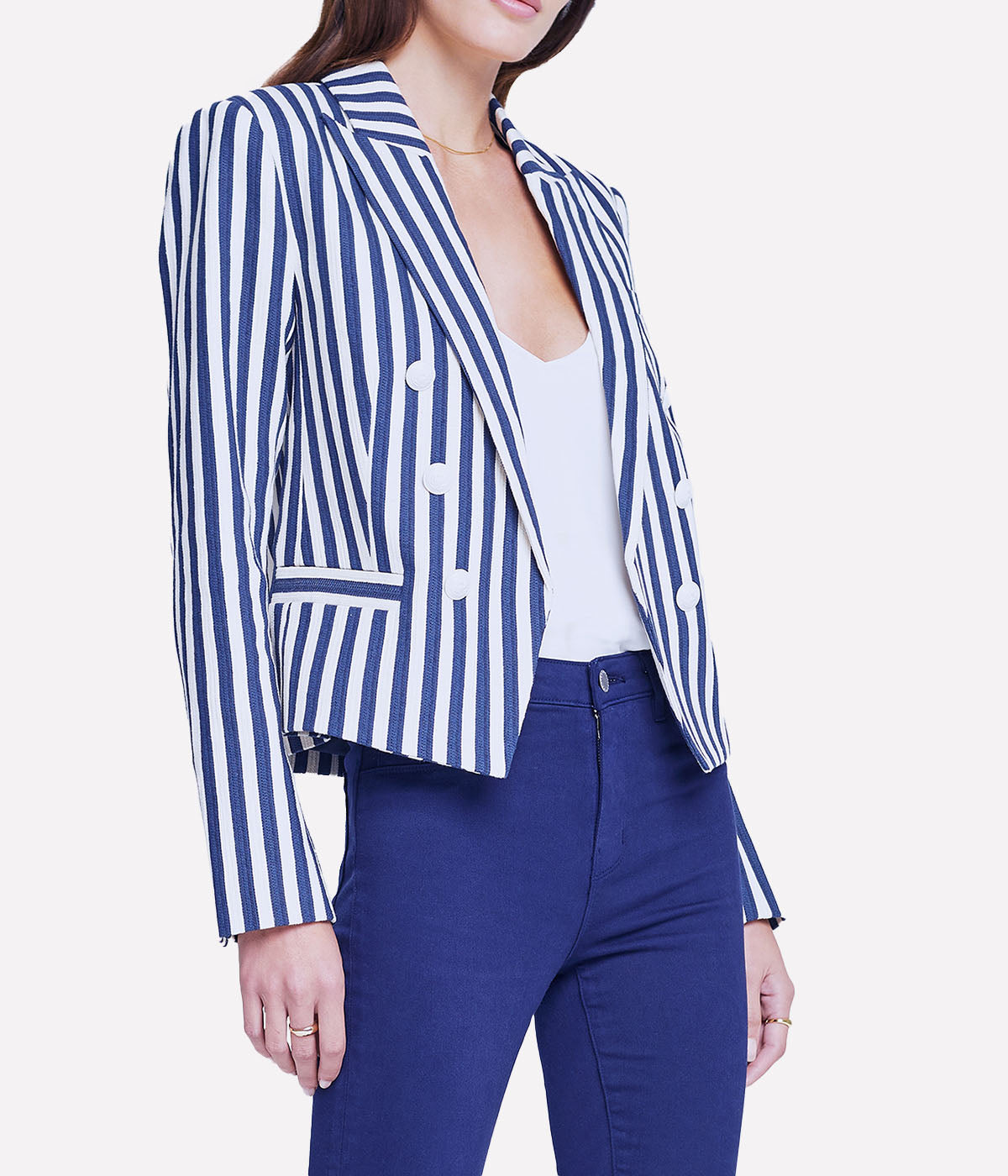Brooke Double Breasted Crop Blazer in Navy Ecru Stripe