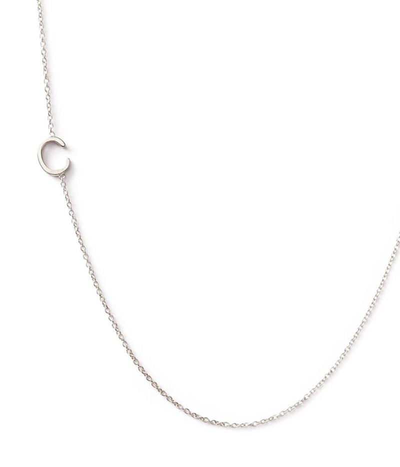 ALT text for images: Delicate 14K white gold necklace with personalised initial pendant, styled for everyday wear.