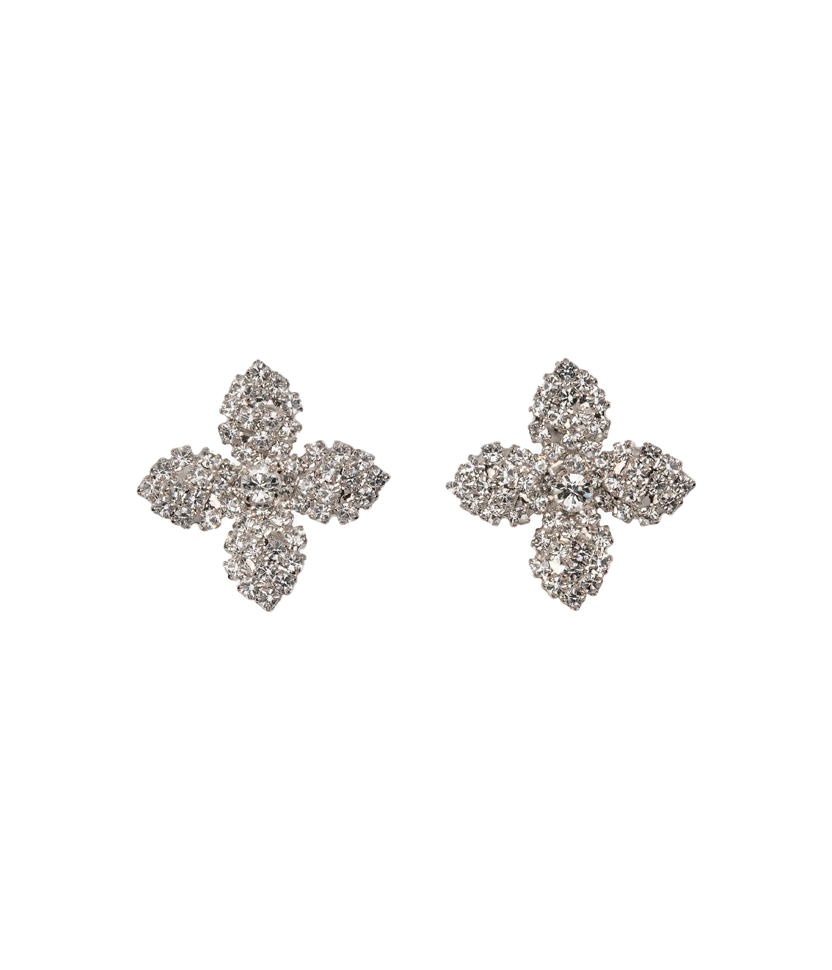Image of a flower shaped crystal stud with silver hardware. 
