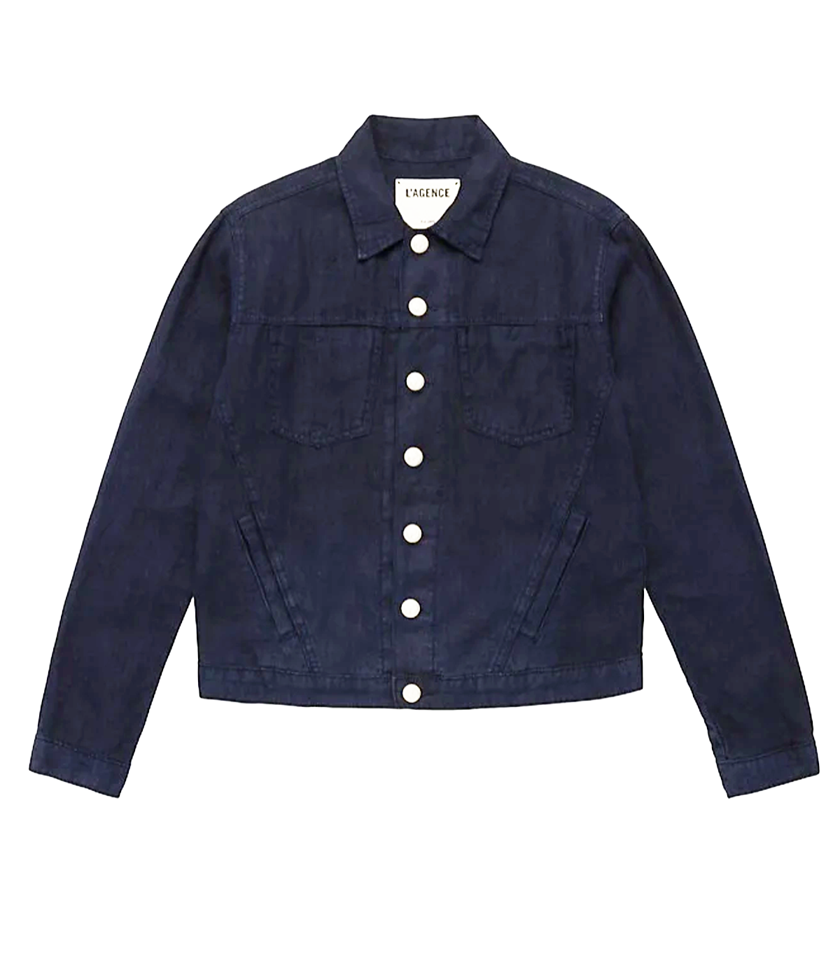 A feminine yet relaxed ocean blue linen denim style jacket, with silver hardwear, ultra-soft linen, collar detailing, slit pockets and clean finished hemline. Light weight layering, 100% linen, throw on and go, made in California, lightweight, bra friendly. 