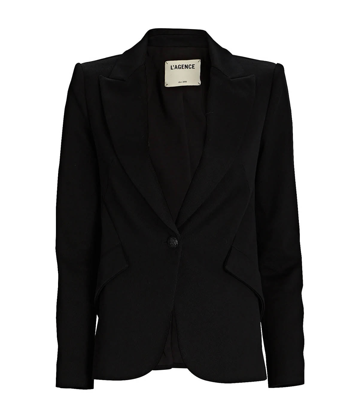 Image of a classic chic black blazer, with one button closure, textured cotton, strong shoulders, peaked lapels, flap pockets. Workwear, basic blazer, classic look, made in USA.  