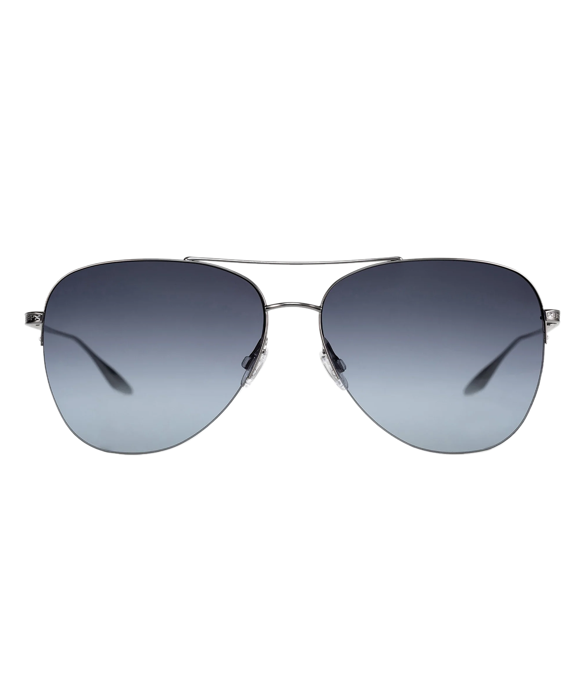 Image of an aviator style sunglass, with silver metal hardware and black gradient lenses. Featuring a intricate filigree etching at the double bridge and signature Barton Perreira engraving at the temples.