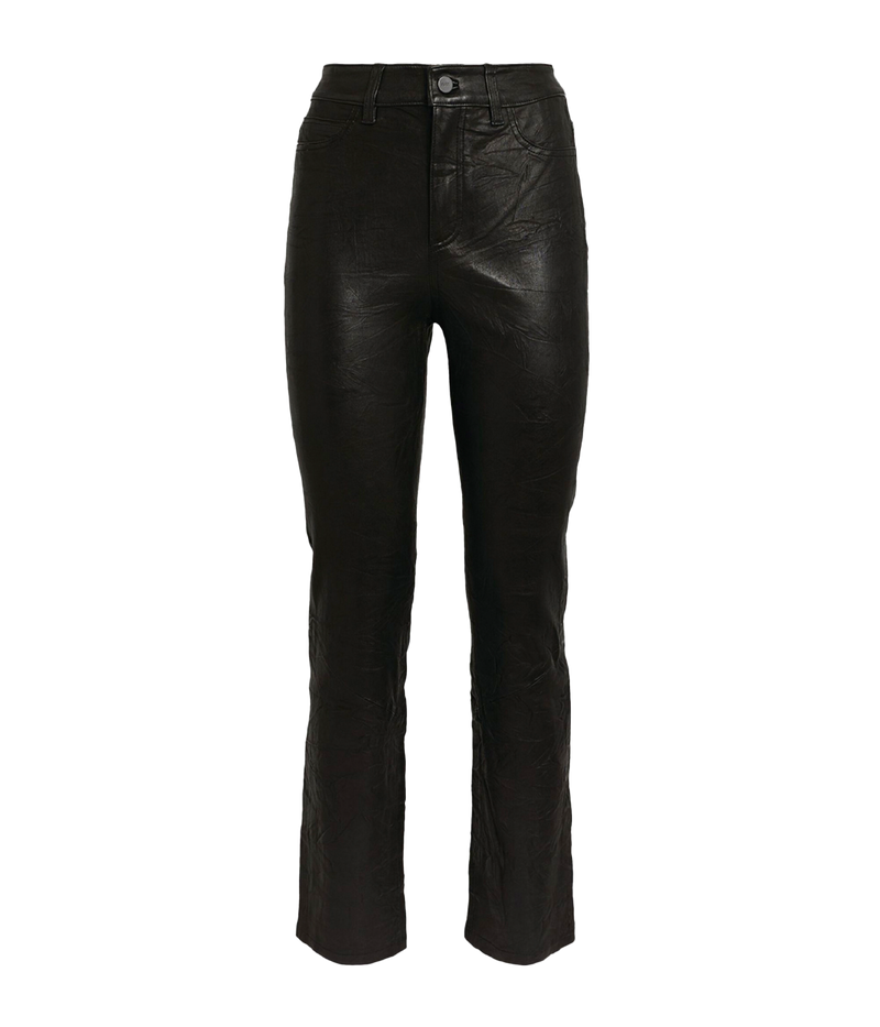 A pair of black leather trousers with a smooth, buttery texture. The trousers feature a mid-rise waistband, a straight leg fit, and a subtle sheen. They are fully lined and designed to offer a rock 'n' roll, grunge-inspired style