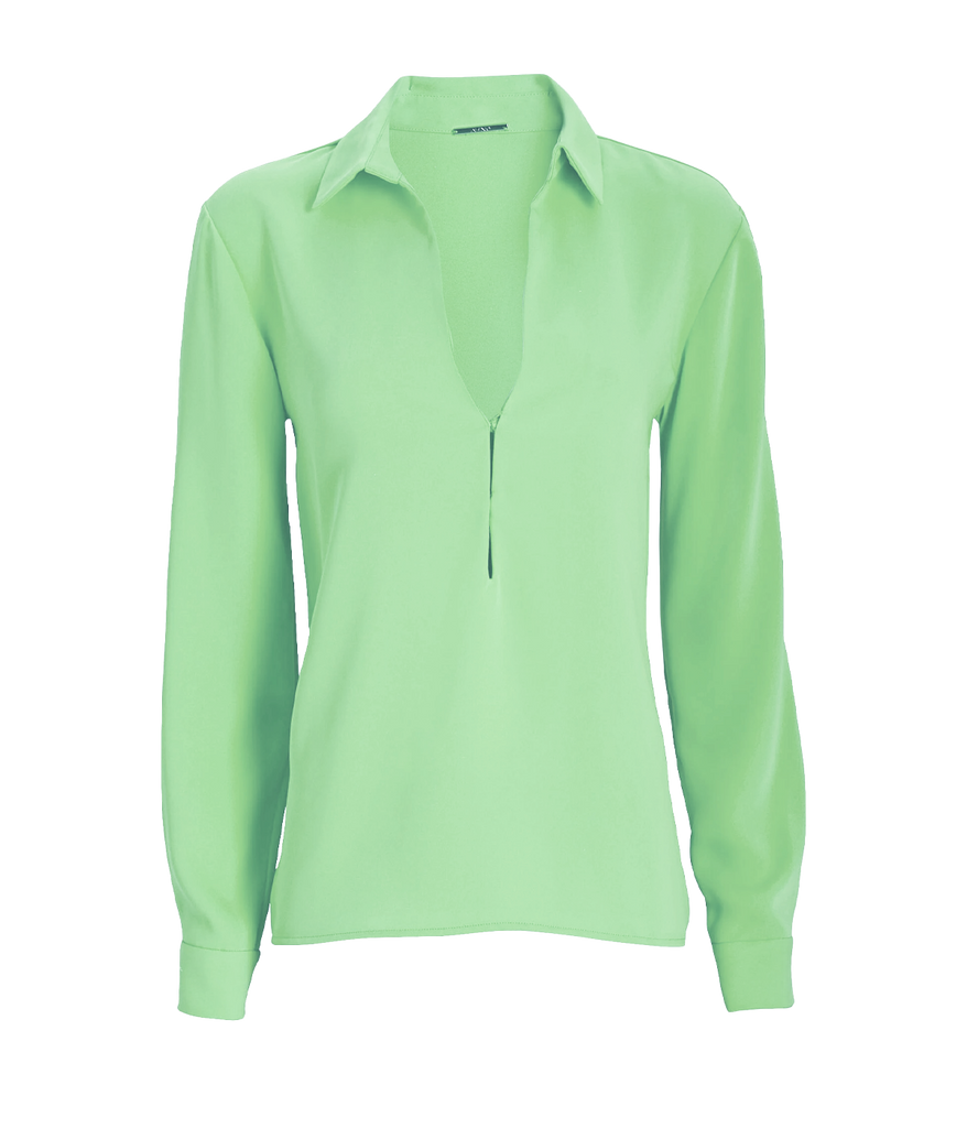 Image of a long sleeve off mint green shirt, collared detail, cuff sleeve, v neck line, hook and eye closure. Date night top, drinks with girlfriends, made in miami, light weight, summer top, throw on and go. 