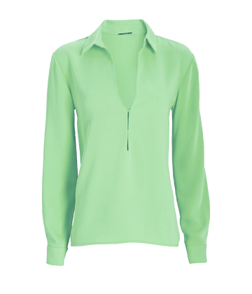 Image of a long sleeve off mint green shirt, collared detail, cuff sleeve, v neck line, hook and eye closure. Date night top, drinks with girlfriends, made in miami, light weight, summer top, throw on and go. 