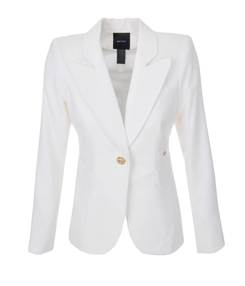 ALT text: Smythe Classic Duchess Blazer in white linen with brass buttons and cut-out back detail