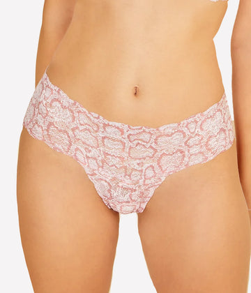 Image of a mid-rise thong in a pink snake print, featuring a wide high waistband & cotton lined gusset.