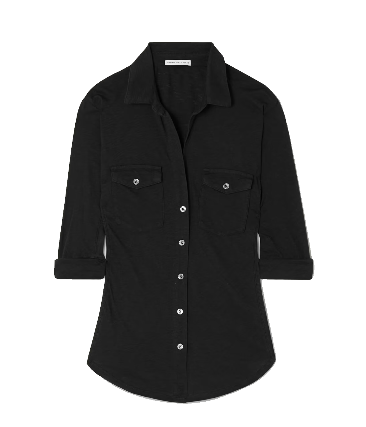 ALT Text: James Perse shirt in slub Supima cotton, featuring a V-neckline, cropped sleeves, and a slim silhouette.