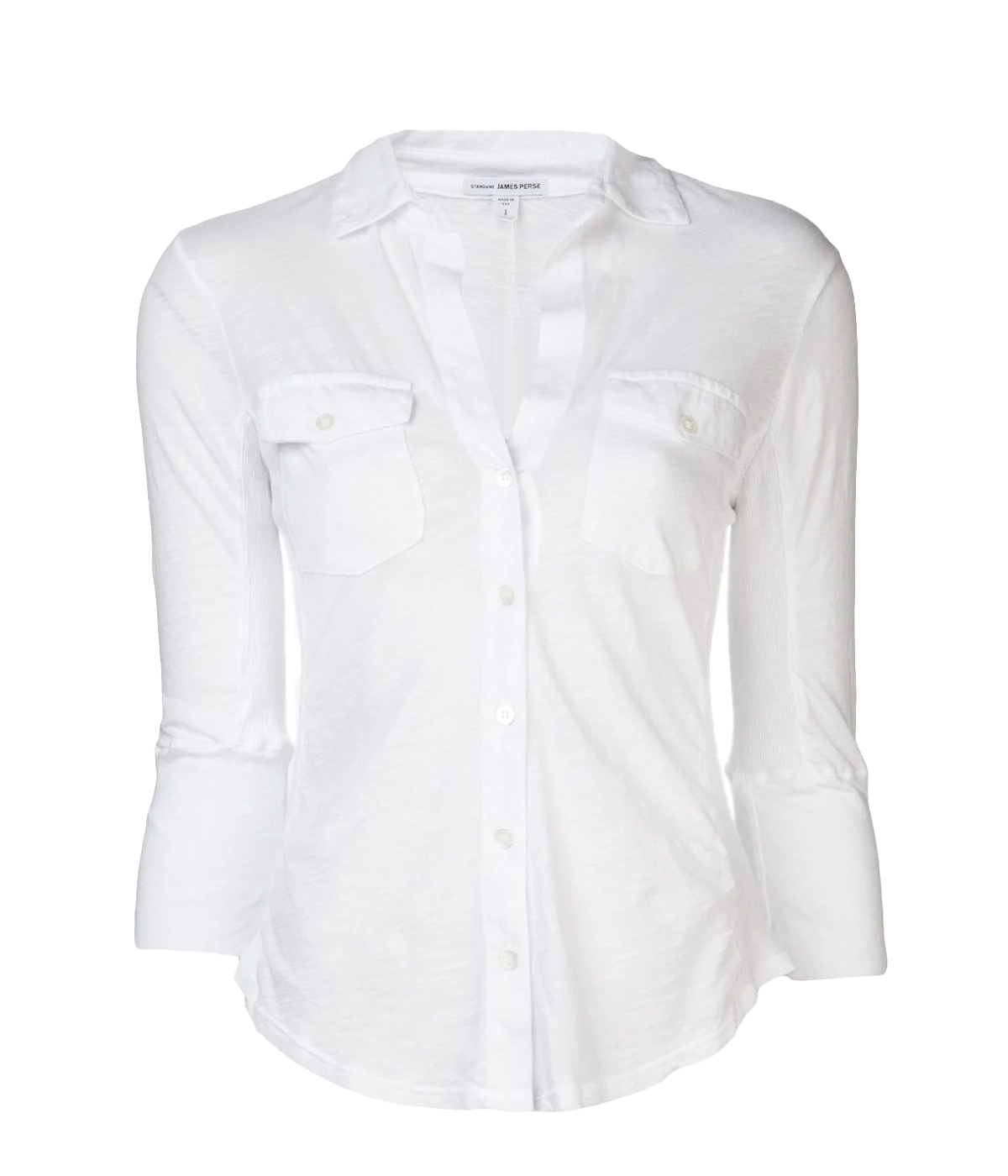 James Perse lightweight slub Supima cotton shirt in white with a slim silhouette, cropped sleeves, and V-neckline, styled with high-rise denim.