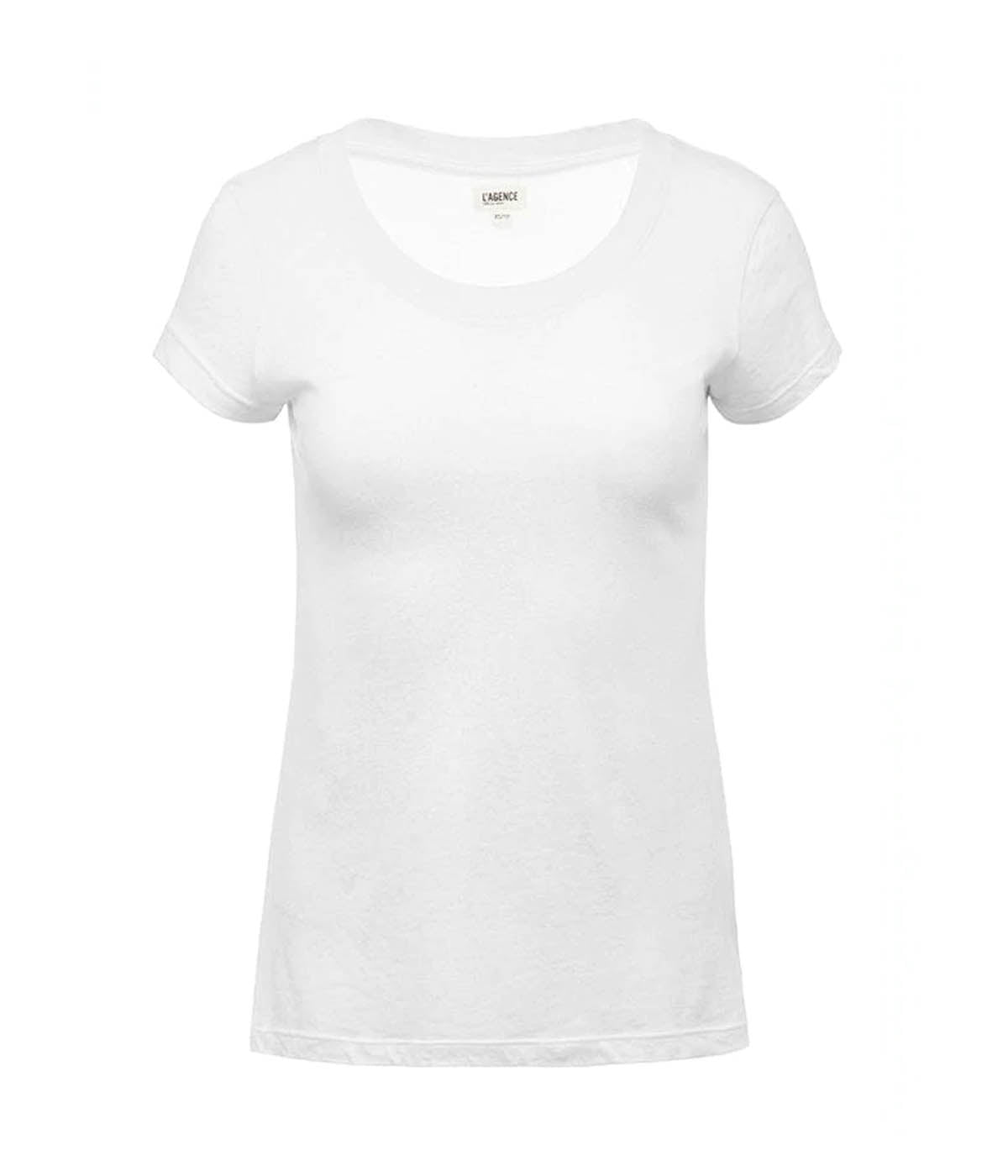 A classic basic white cotton t-shirt, with a u neckline, short sleeve and relaxed fit. Back to basics, everyday tee, stretchy cotton, throw on and go, 100% cotton, bra friendly, made in usa. 