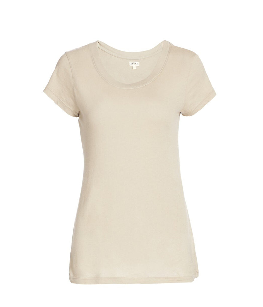 A classic basic neutral cotton t-shirt, with a u neckline, short sleeve and relaxed fit. Back to basics, everyday tee, stretchy cotton, throw on and go, 100% cotton, bra friendly, made in usa. 