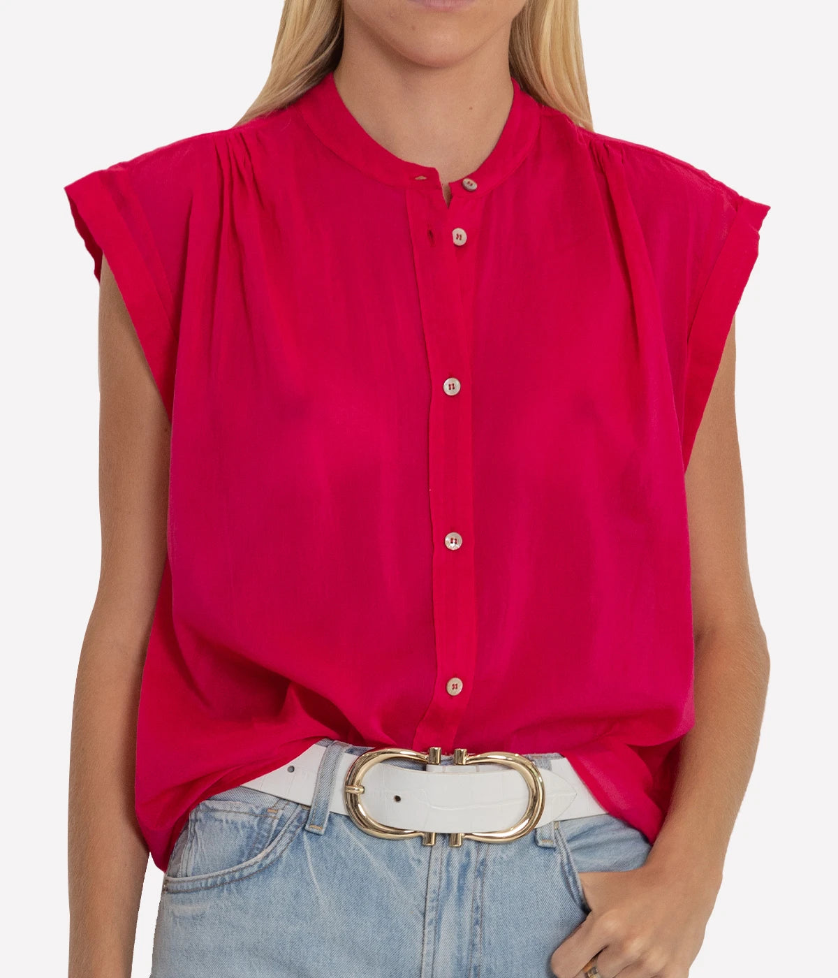 Cotton Silk Voile Short Sleeve Top in Ruby