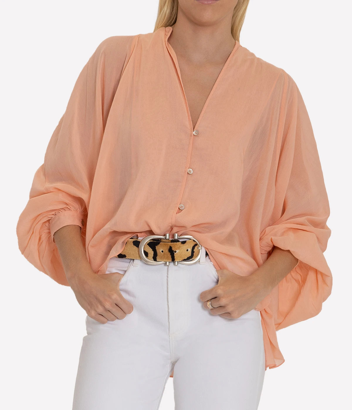 Cotton Silk Voile Wide Sleeve Shirt in Poudre