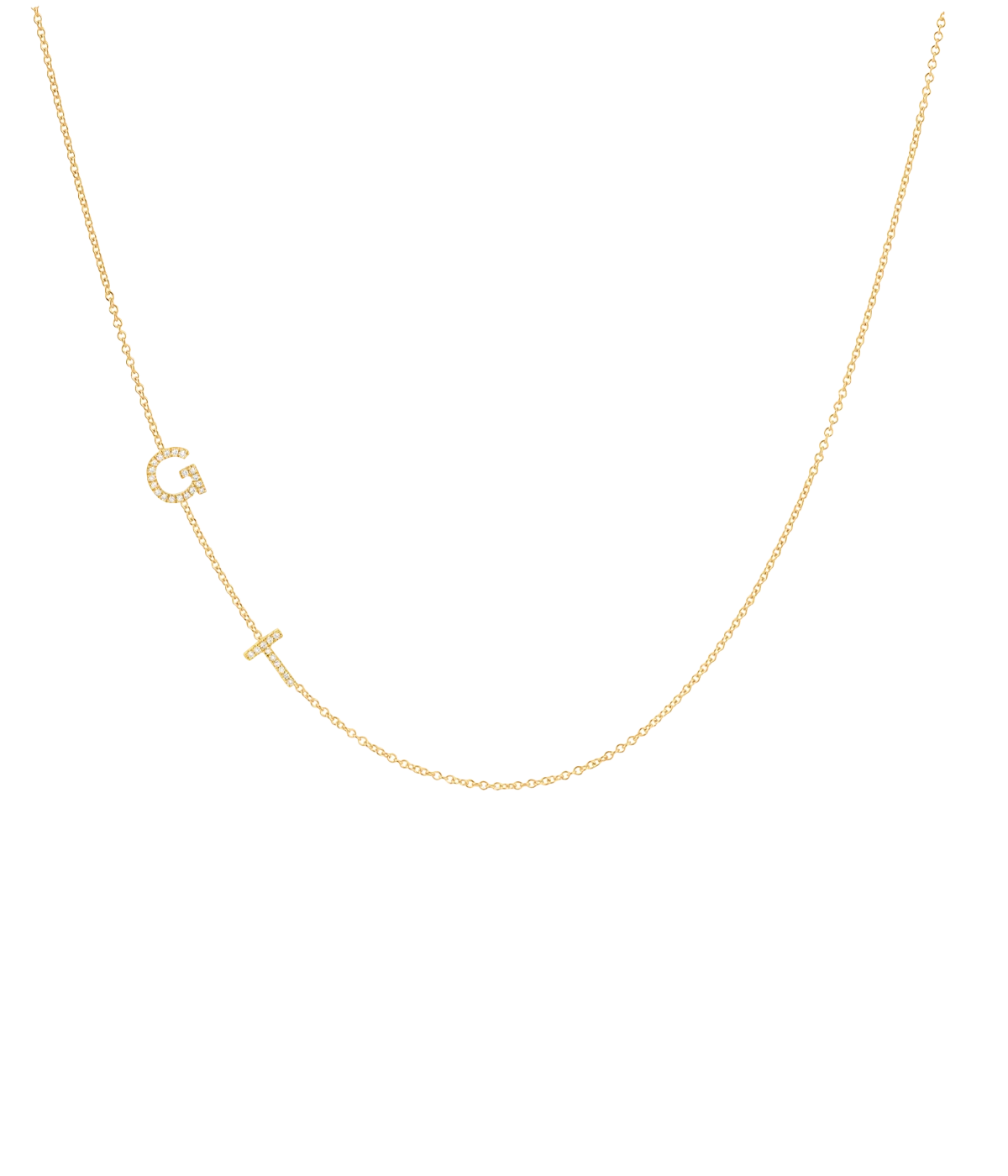 Image of a 42cm gold chain necklace, with customizable gold and diamond letters spaced throughout chain.  