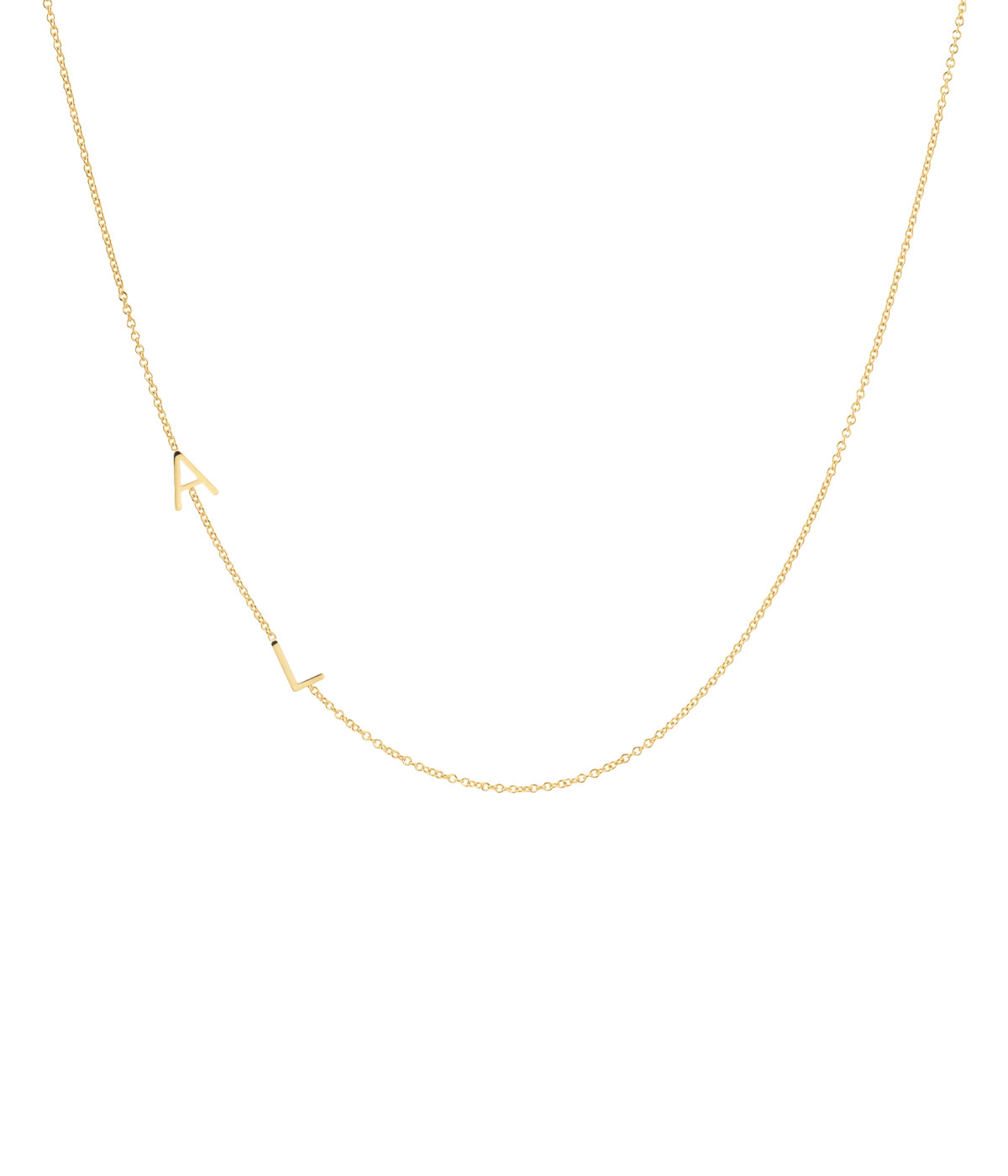 Image of a 42cm gold chain necklace, with customizable gold letters spaced throughout chain.  