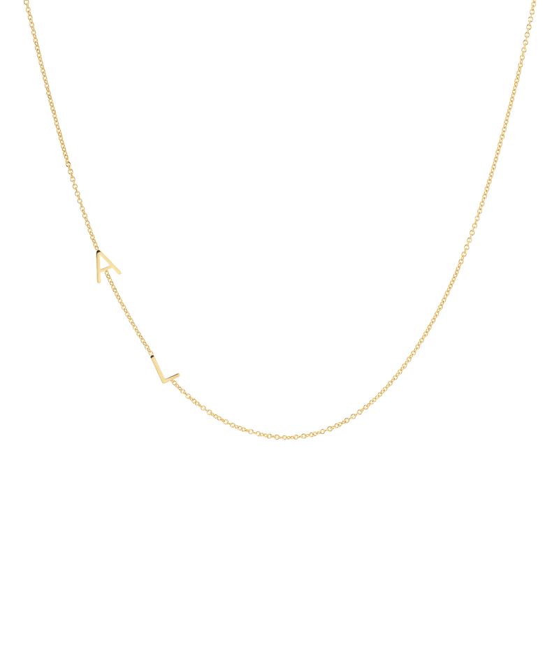 Image of a 42cm gold chain necklace, with customizable gold letters spaced throughout chain.  