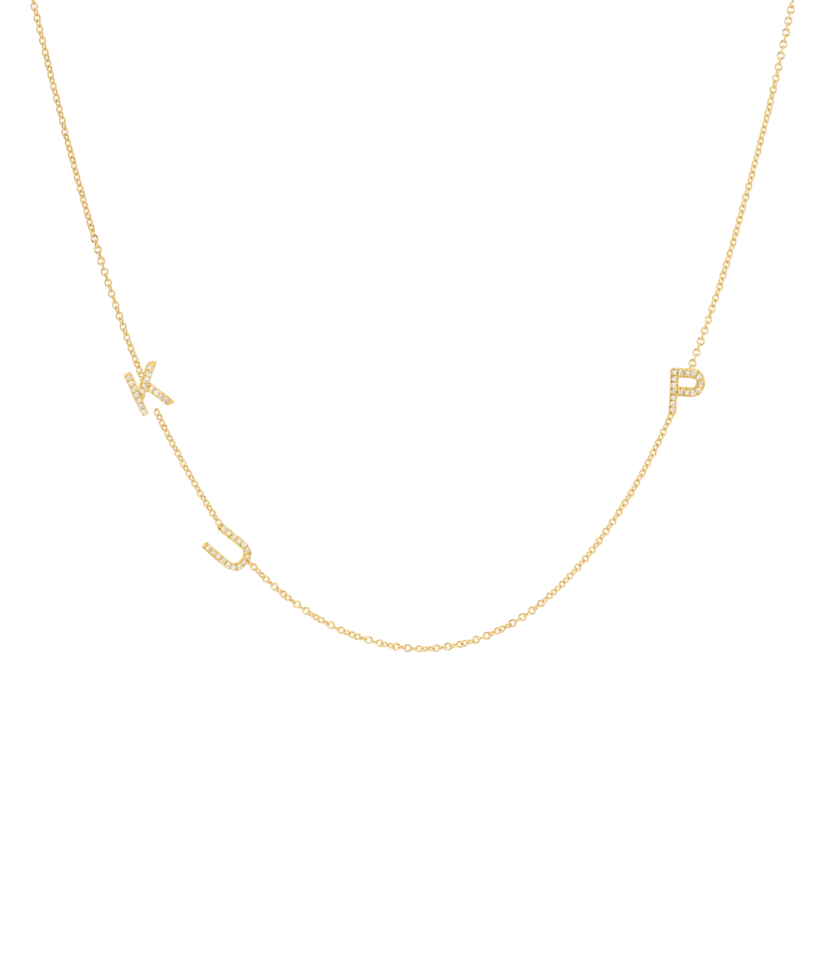 Image of a 42cm gold chain necklace, with customizable gold and diamond letters spaced throughout chain.  