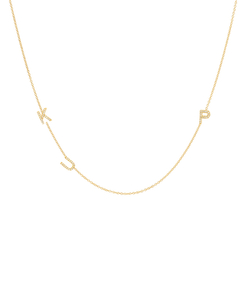 Image of a 42cm gold chain necklace, with customizable gold and diamond letters spaced throughout chain.  