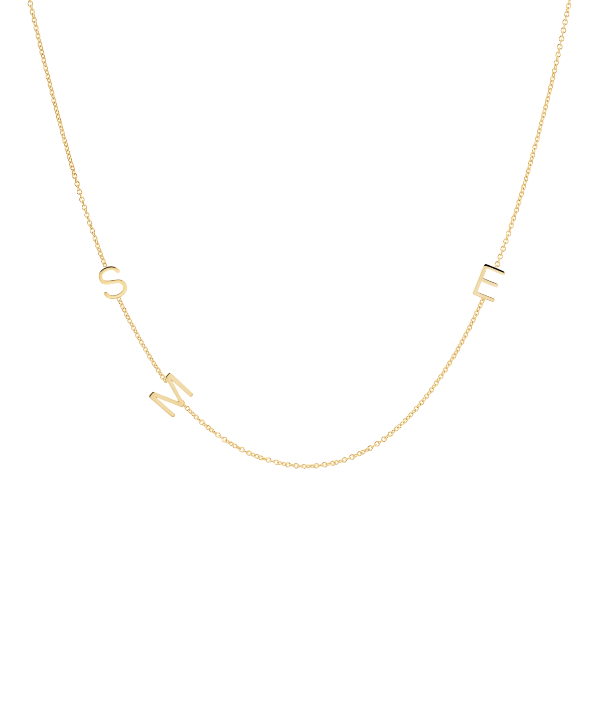 Image of a 42cm gold chain necklace, with customizable gold letters spaced throughout chain.  