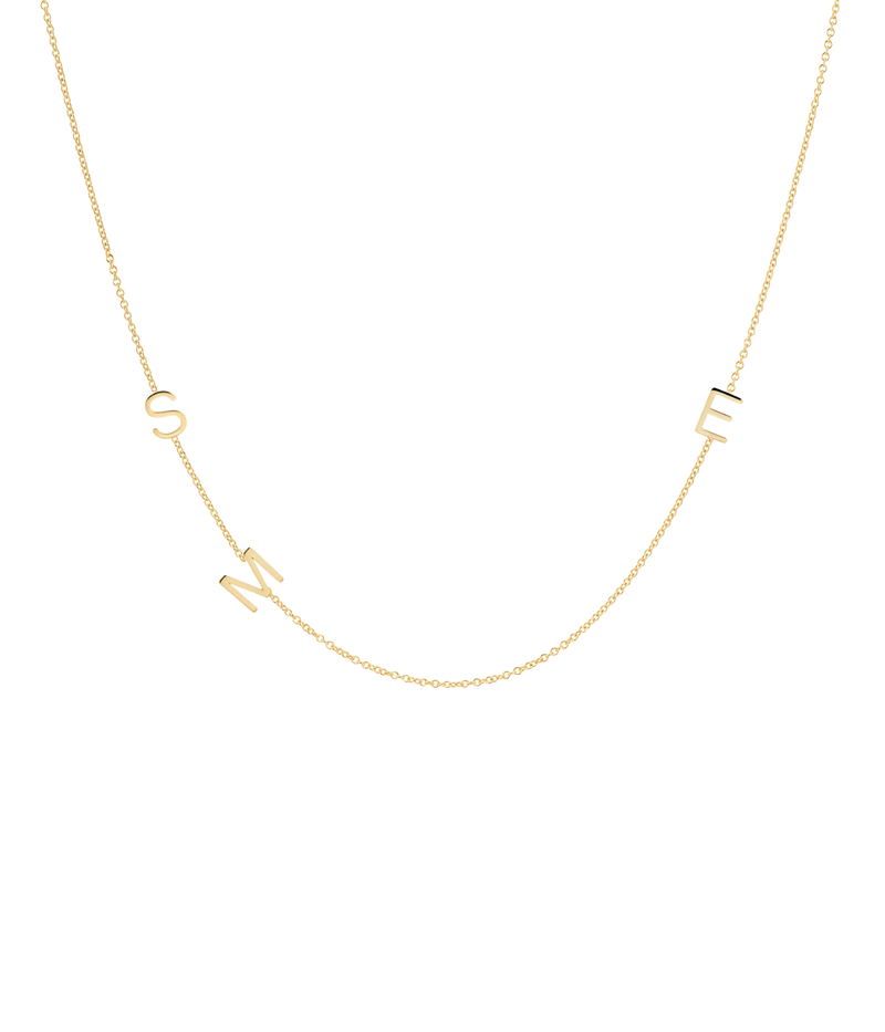 Image of a 42cm gold chain necklace, with customizable gold letters spaced throughout chain.  