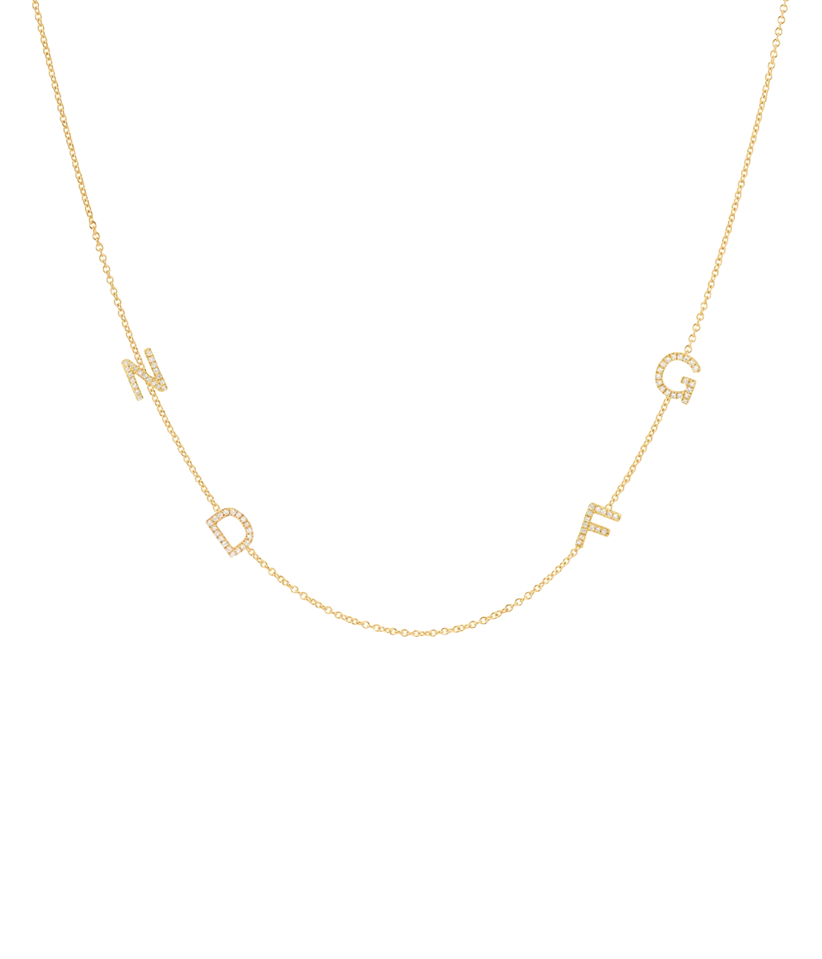 Image of a 42cm gold chain necklace, with customizable gold and diamond letters spaced throughout chain.  