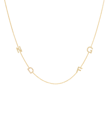 Image of a 42cm gold chain necklace, with customizable gold and diamond letters spaced throughout chain.  