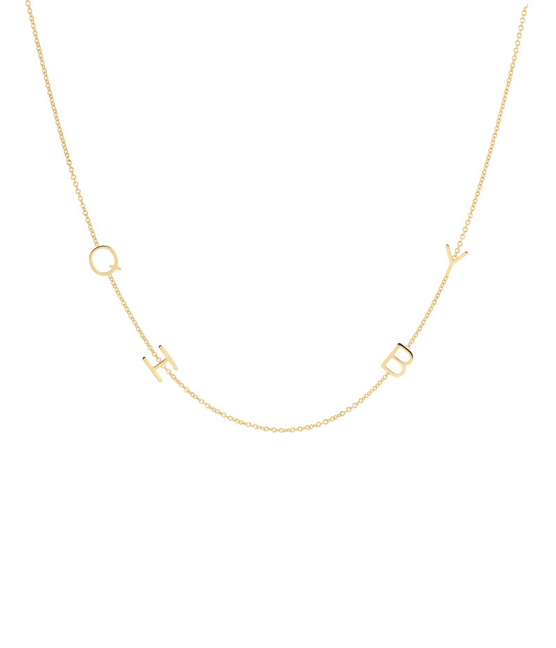 Image of a 42cm gold chain necklace, with customizable gold letters spaced throughout chain.  