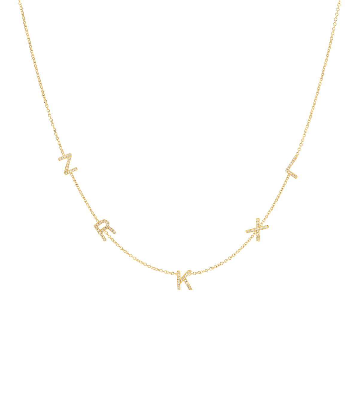 Image of a 42cm gold chain necklace, with customizable gold and diamond letters spaced throughout chain.  