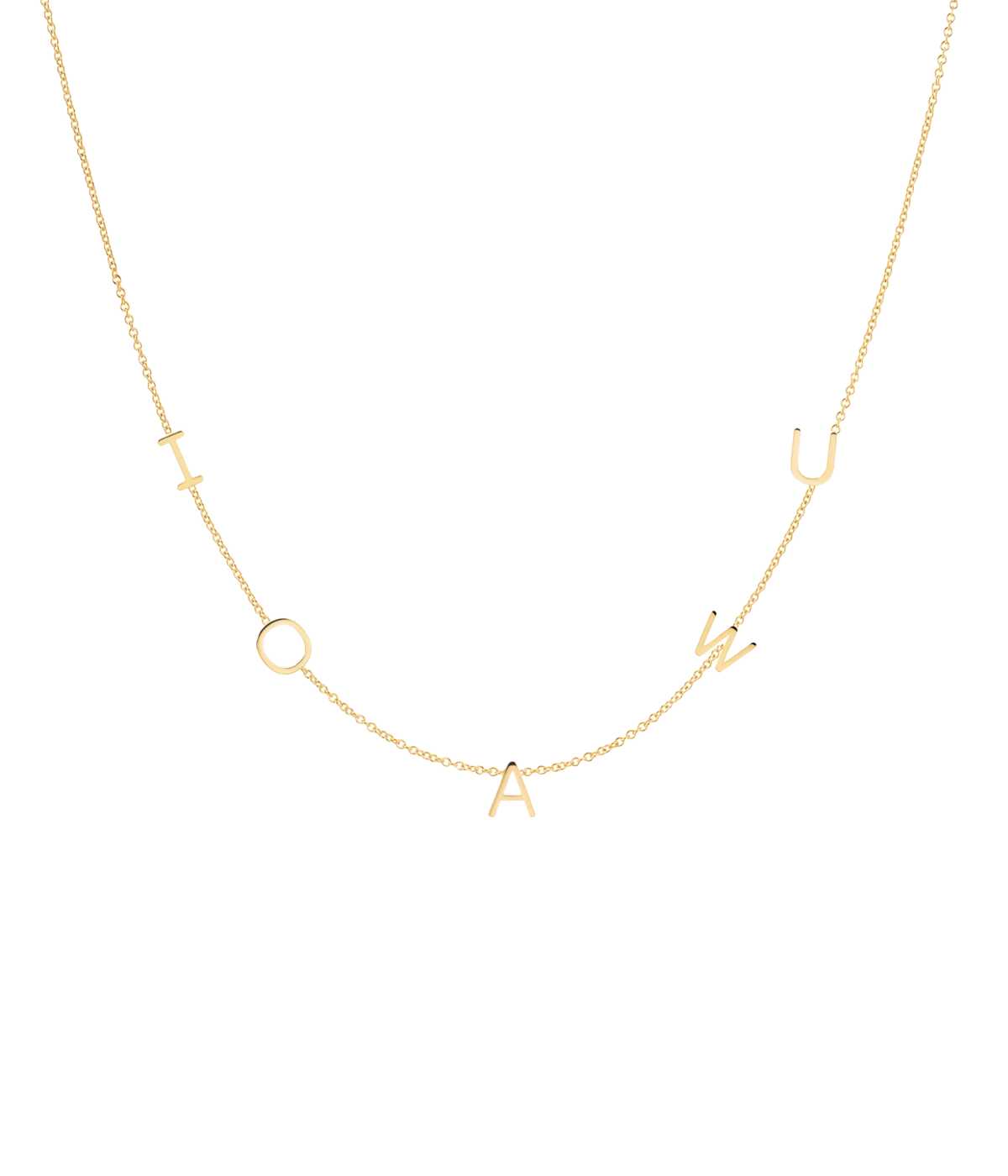 Image of a 42cm gold chain necklace, with customizable gold letters spaced throughout chain.  