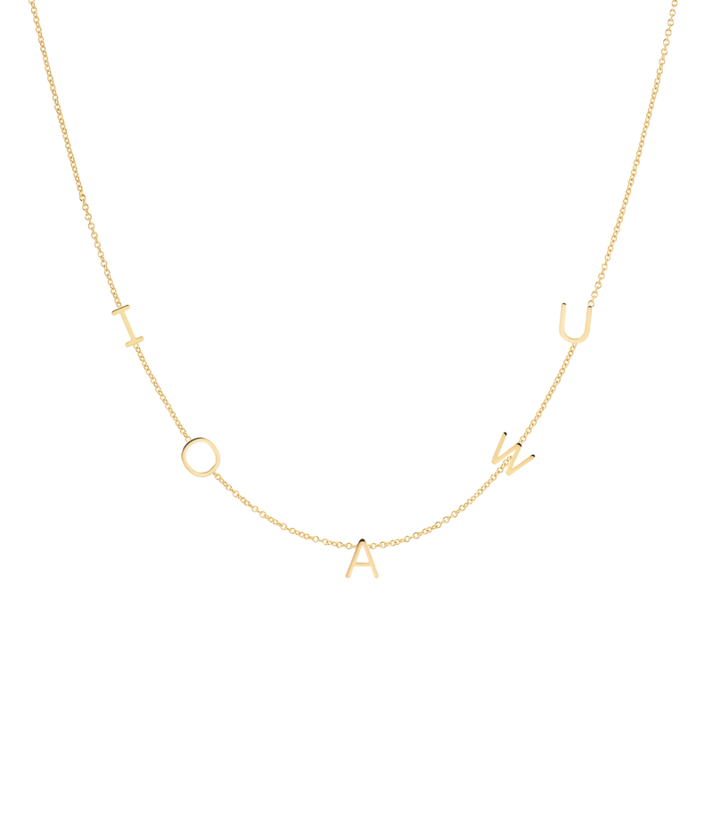 Image of a 42cm gold chain necklace, with customizable gold letters spaced throughout chain.  